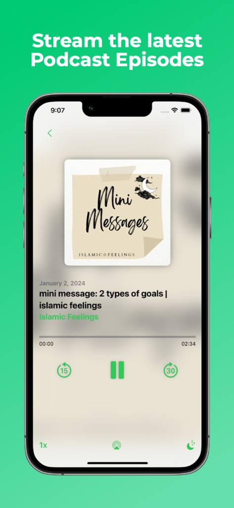Nasheedify - 재생 컨트롤이 있는 이슬람 팟캐스트 에피소드를 재생 중인 Nasheedify 앱의 인터페이스.