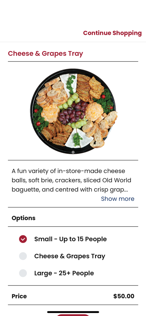 Freson Bros. - Freson Bros mobile app displaying a cheese and grapes tray for order