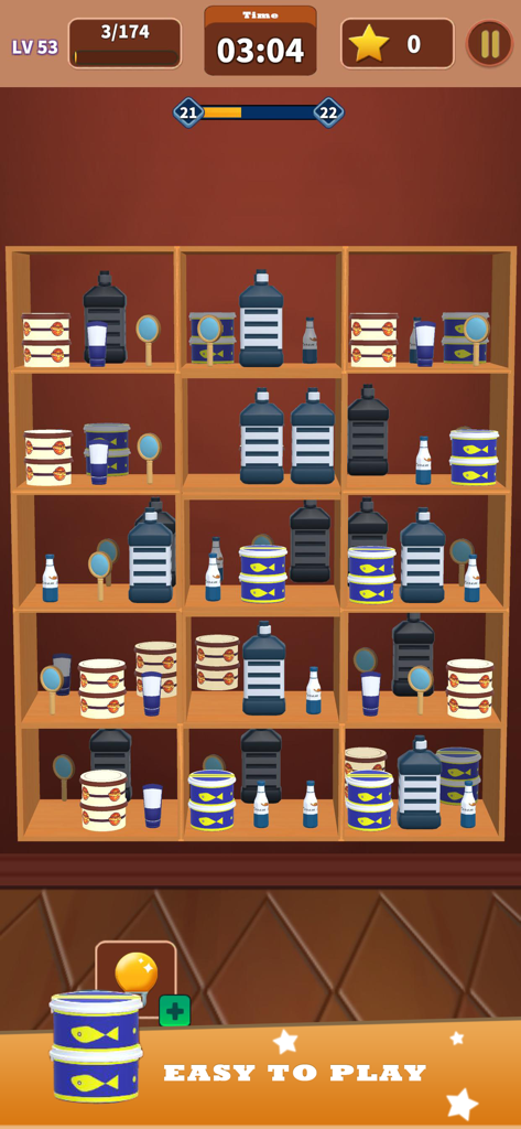 Goods 3D Sorting game grocery - Captura de pantalla del juego Goods 3D Sorting que muestra varios artículos de comestibles en estantes de madera