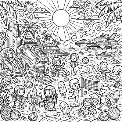 Experience a one-of-a-kind summer vacation with our Cryosleep Colonies coloring page. This delightful scene brings together futuristic relaxation and classic beach fun, perfect for all ages.