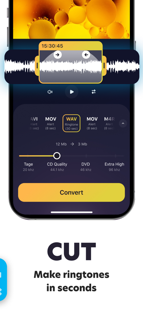Mobile app interface for trimming audio files and creating custom ringtones