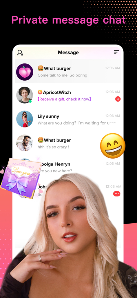 Interface of HilYal Live app showing private message chat list with user profiles and a gift notification