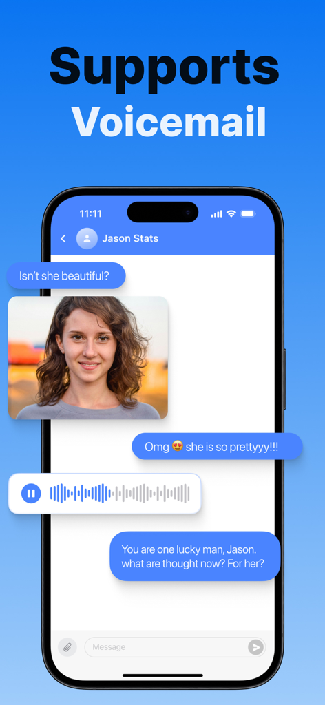 Second Phone Number app interface showing voicemail and photo message support