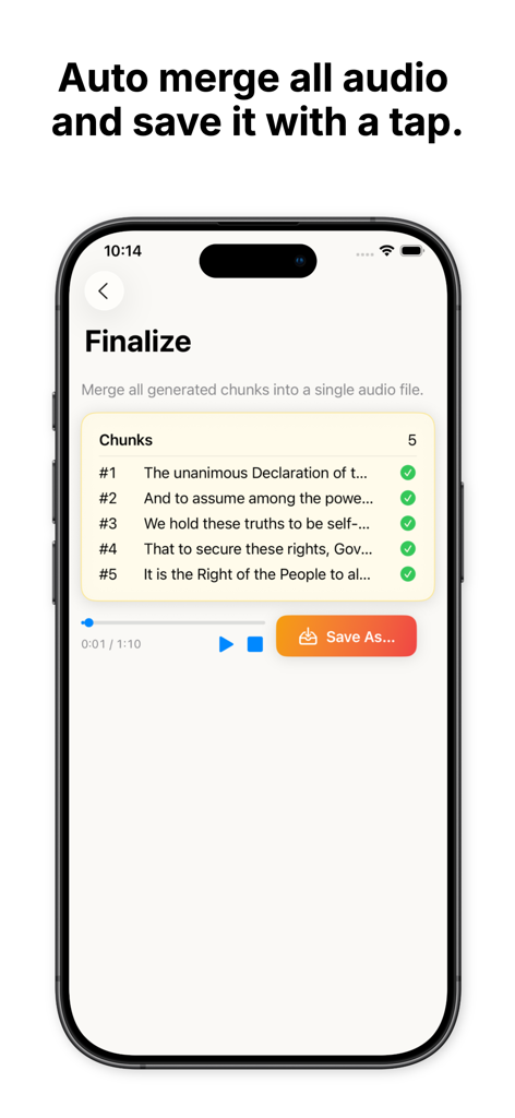 Chinny: Offline Voice Cloner - Interface of the Chinny app showing the finalize screen where multiple generated audio chunks are merged into a single file for export