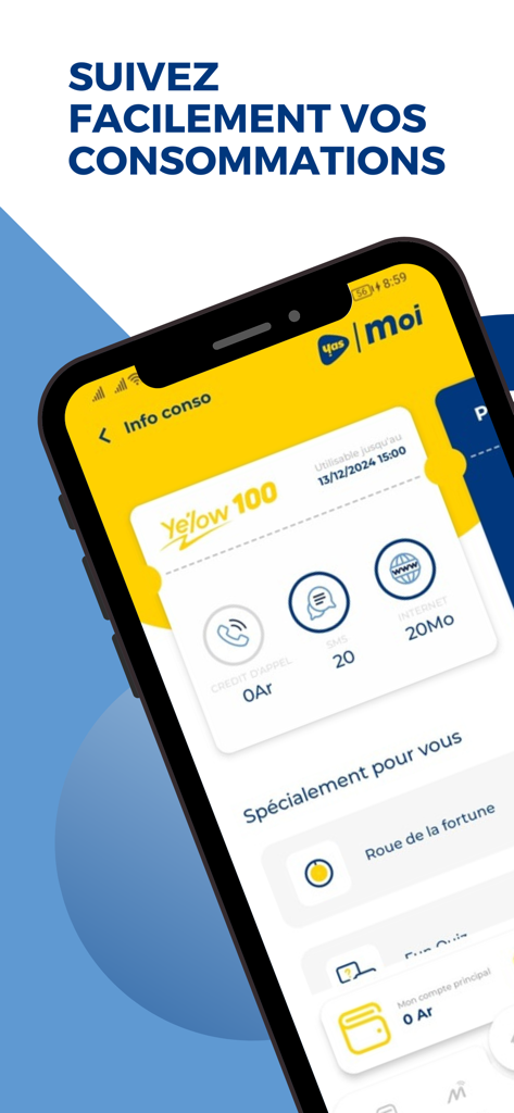Interface do aplicativo Yas et moi para rastreamento de dados móveis e consumo de crédito