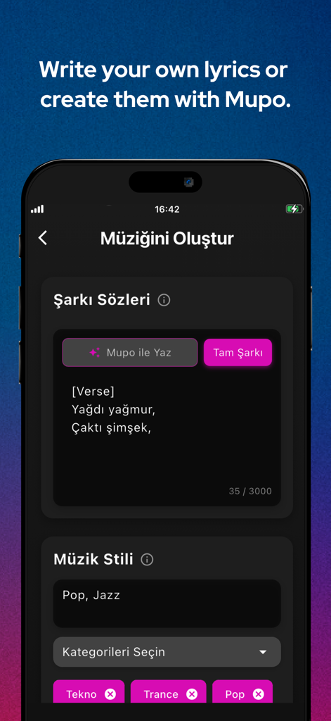 Interfaz de la aplicación Sona AI music para escribir letras y seleccionar géneros musicales como Pop y Jazz