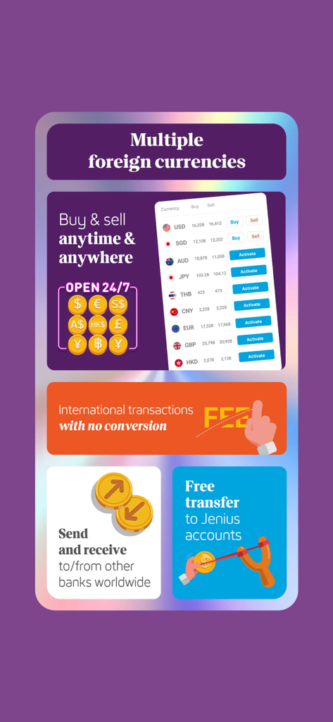 Jenius mobile banking app interface showing foreign currency exchange and international transfer options.