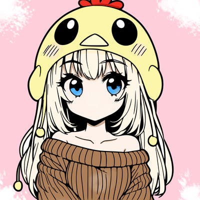 anime girl with chick shaped hat with sweater with bare shoulders with bangs covering them one eye with low tail