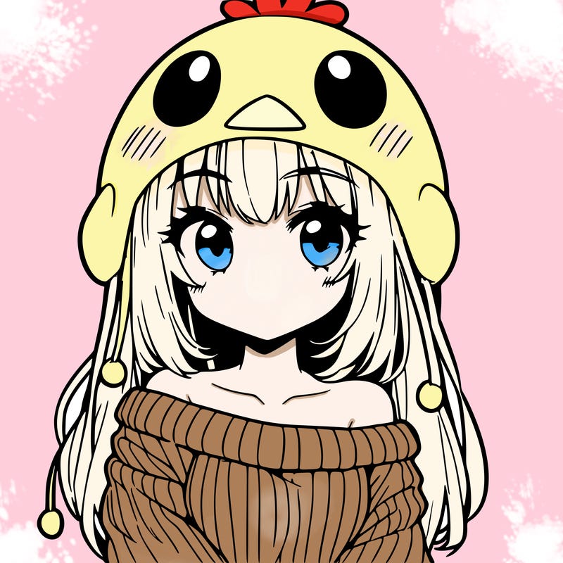anime girl with chick shaped hat with sweater with bare shoulders with bangs covering them one eye with low tail