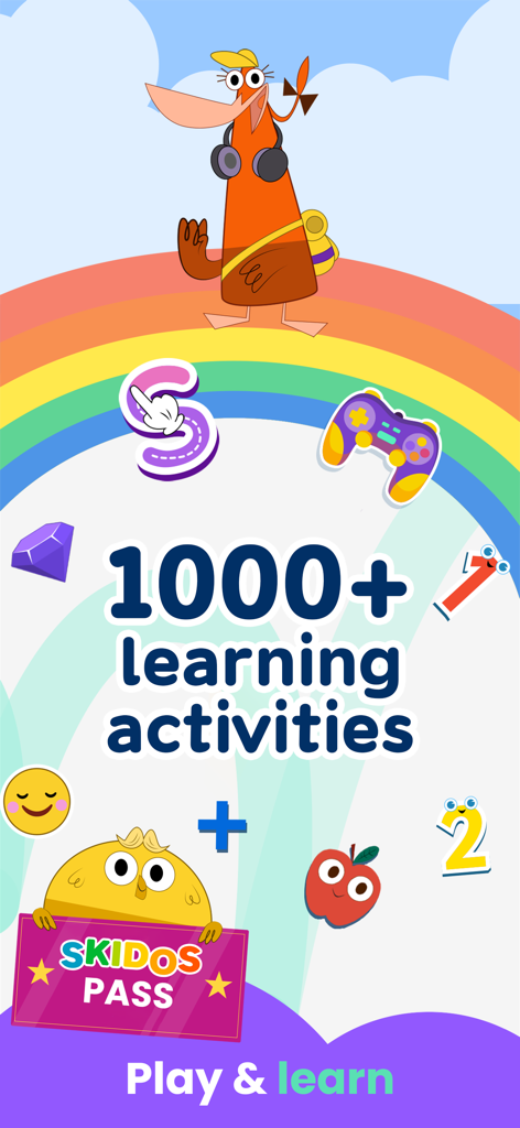 Monster Games: for Kids - 만화 캐릭터와 텍스트 '1000개 이상의 학습 활동'이 포함된 Monster Games: for Kids의 교육용 앱 스크린샷.