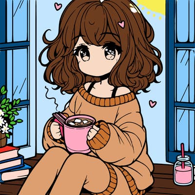 cute anime girl reading book and drinking hot chocolate from mug with loose wavy hair wearing a baggy sweatshirt and shorts sitting by windowsill looking out