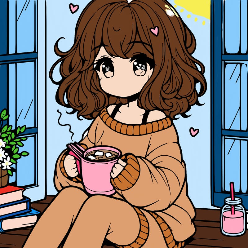 cute anime girl reading book and drinking hot chocolate from mug with loose wavy hair wearing a baggy sweatshirt and shorts sitting by windowsill looking out