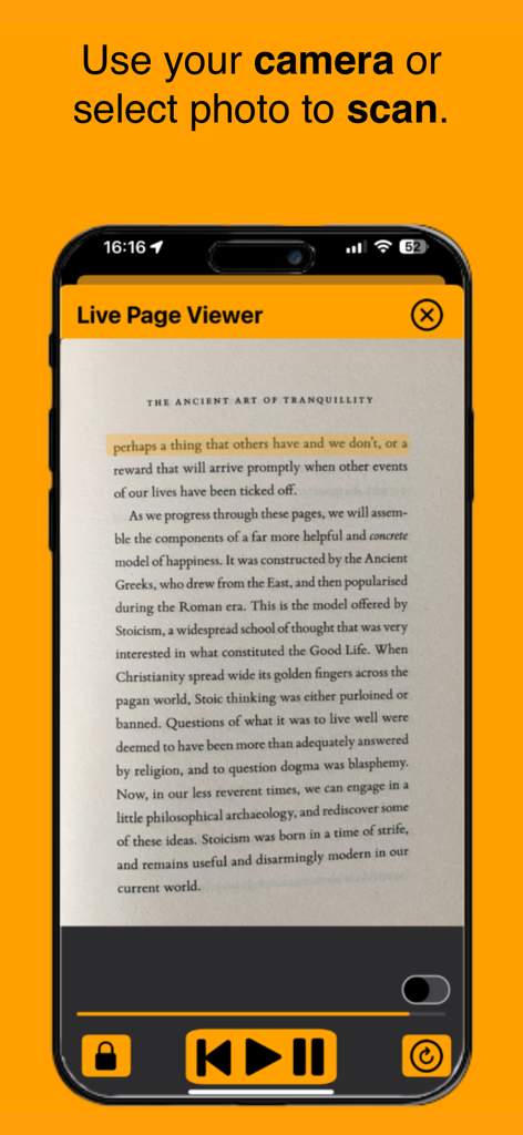 Page Reader - Smartphone scanning a book page using Page Reader to convert text to audio