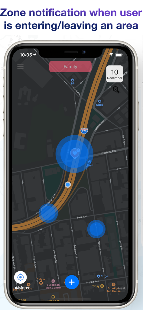 Find Family & Friends Locator - Interface de mapa móvel mostrando notificações de zona de geofencing para segurança familiar