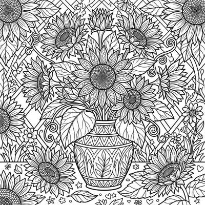 Dive into a vibrant garden with this exquisite coloring page featuring a lush bouquet of cut sunflowers in a decorative vase. This full scene design offers an abundance of intricate details, promising a truly immersive coloring experience.