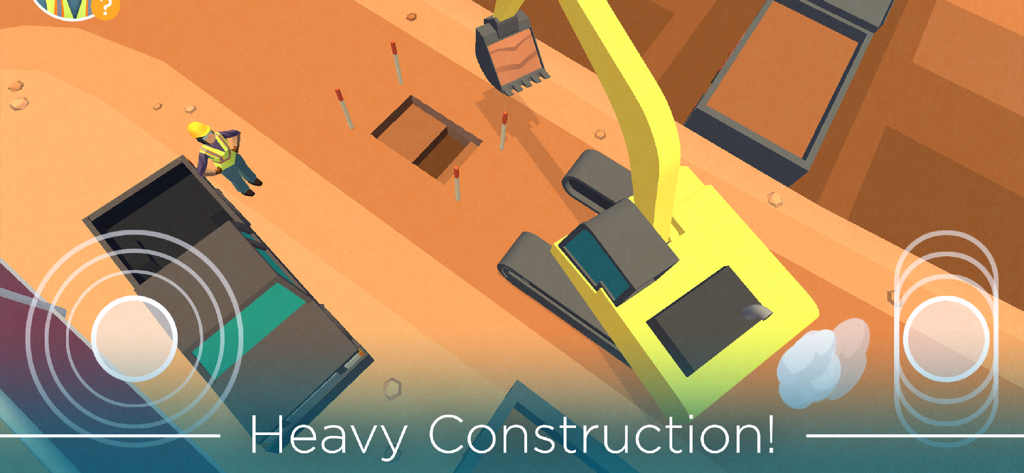 Top down gameplay view of a yellow excavator on a construction site in the Dig In mobile game