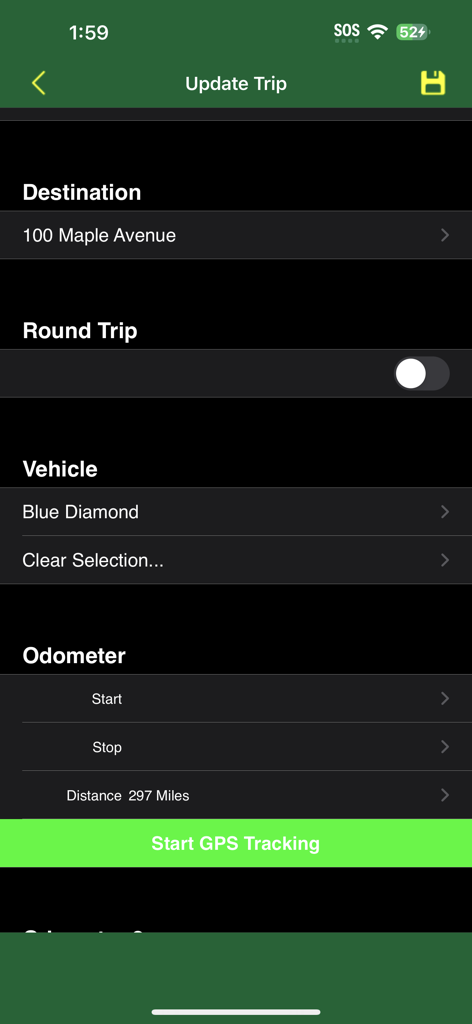 Track My Mileage And Expenses - Track My Mileageアプリの「走行記録の更新」画面。宛先詳細と「GPS追跡を開始」ボタンが表示されています。