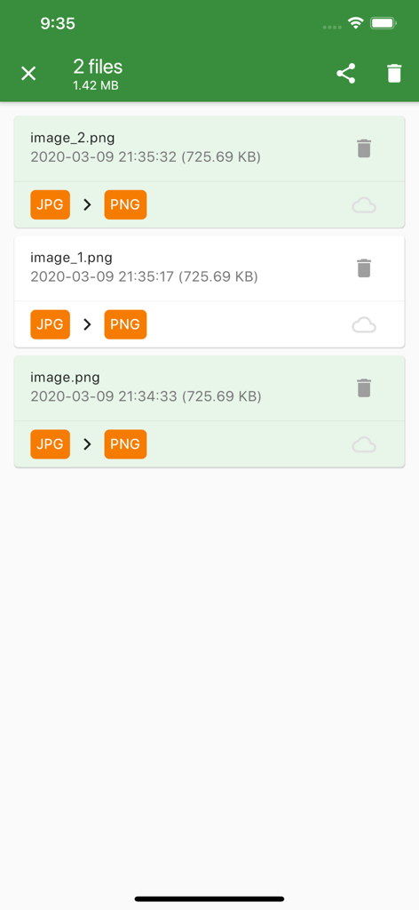 Interface of the File Converter app showing a list of JPG images converted to PNG format