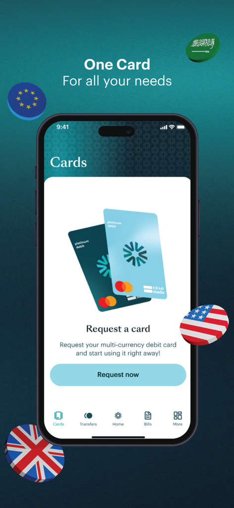 NEO - Interfaz de la aplicación de banca digital NEO que muestra la pantalla de solicitud de una tarjeta de débito platino multidivisa con iconos de banderas internacionales