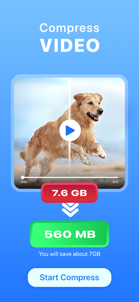 Duplicate Photos Cleaner AI - Interfaz de la función de compresión de video que muestra una reducción de 7.6 GB a 560 MB para ahorrar espacio.