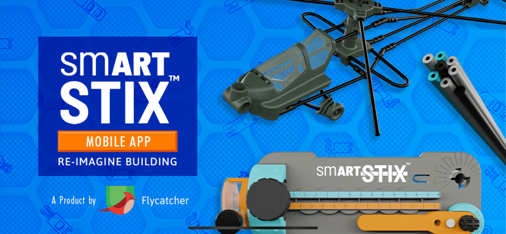 Immagine promozionale per l'app mobile smART STIX con un banco da lavoro giocattolo e un modello di elicottero costruito.