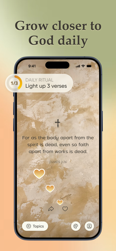 Bible Widget & Verse - Biblo - Interfaz de la aplicación Biblo que muestra un versículo bíblico diario de Santiago 2:26 con un fondo estético y un rastreador de progreso de ritual.
