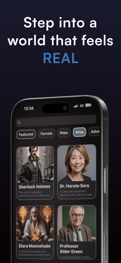 AI Mental Assistant: Juicy AI - A smartphone displaying various AI character personas including Sherlock Holmes and a therapist in the Juicy AI app.