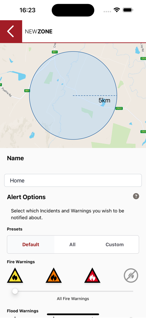 TasALERT - TasALERT app screen showing the creation of a geographical watch zone with fire alert options