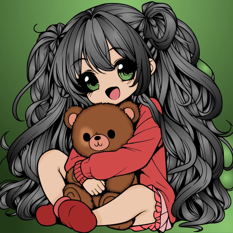 manga girl, long curly hair, happy, cuddling a teddy bear