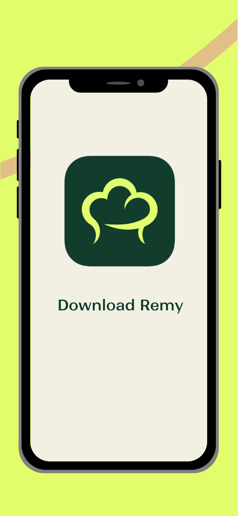 Un iPhone mostrando el icono de la aplicación Remy y una indicación para descargar el planificador de cocina y comidas.