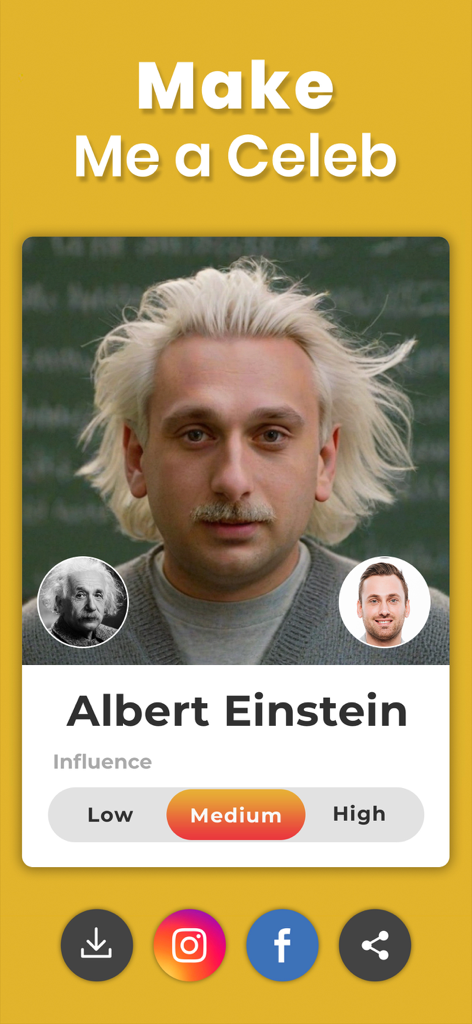 La interfaz de una aplicación móvil mostrando una comparación de coincidencia facial entre un usuario y Albert Einstein con iconos para compartir en redes sociales