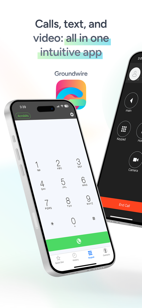 Groundwire softphone app interface showing the keypad and call screen on mobile devices