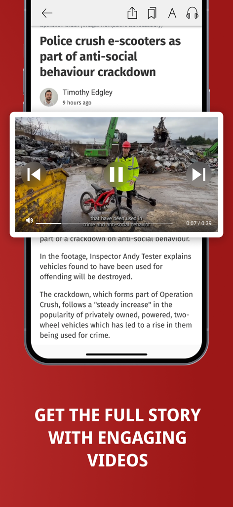 Greenock Telegraph - Greenock Telegraph app screen showing a news article with an embedded video player about a police crackdown on e-scooters