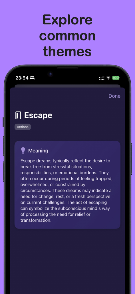 Dream Journal & Interpretation - A mobile app screen explaining the psychological meaning of escape dreams