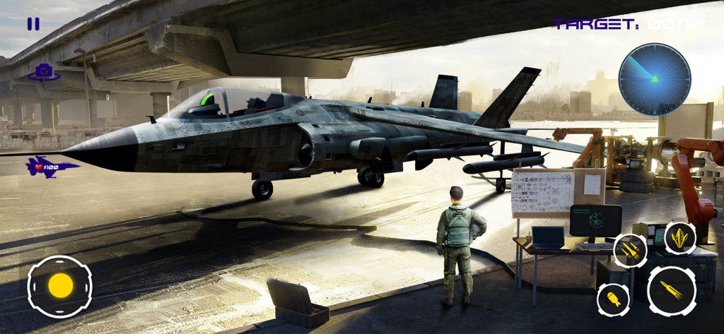 Ace Combat - Fighter Jet Games - A modern fighter jet in a hangar with a pilot standing nearby and game UI elements