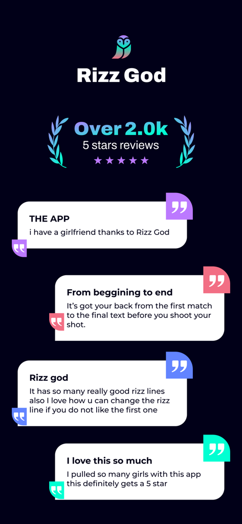 Rizz God - AI Pick Up Lines - Rizz God app screen showing over two thousand five star user reviews and testimonials