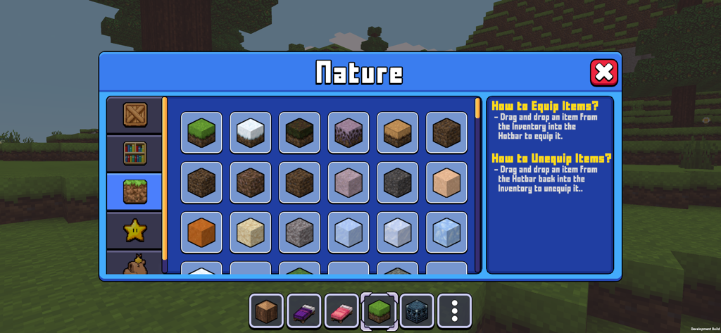 Nature items inventory menu in the Craft Explore Block Builder mobile game showing various block types and equipment instructions