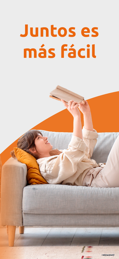Habitaclia Portal Inmobiliario - Une femme allongée sur un canapé lisant un livre sous le slogan Juntos es mas facil