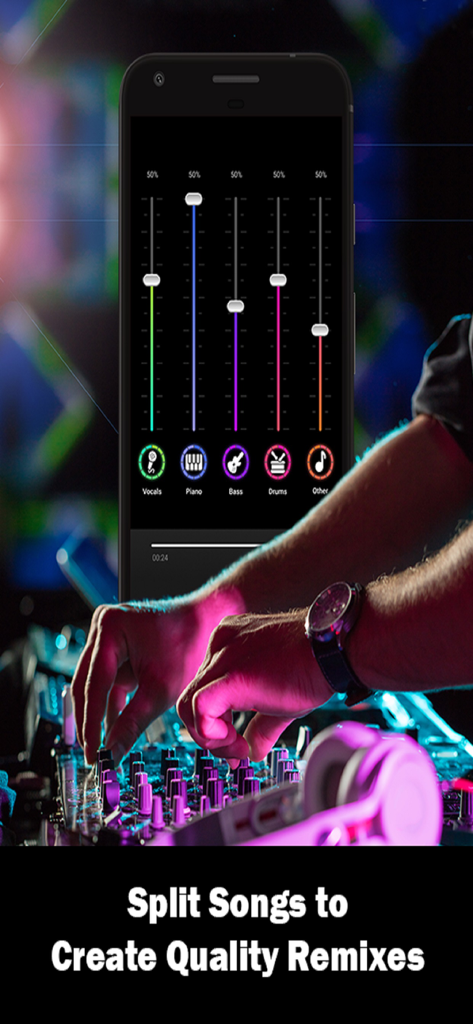 SplitHit app showing audio separation sliders to isolate vocals and instruments for music remixes