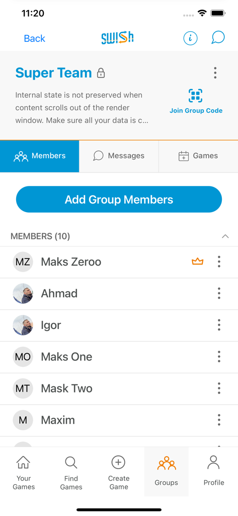 Swish Sports - The Swish Sports app interface displaying a list of members in a private sports group called Super Team.