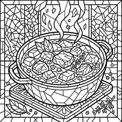 Dive into a unique culinary coloring experience with our Pork Stew Stained Glass coloring page. This intricate design blends the comforting essence of a savory meal with the captivating beauty of classic stained-glass art.