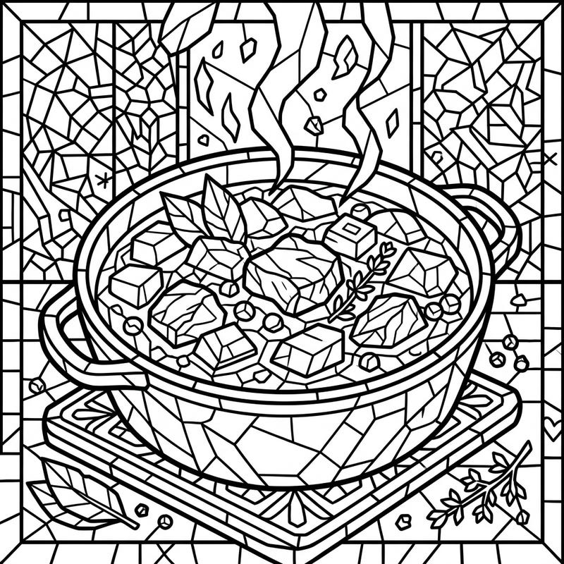 Dive into a unique culinary coloring experience with our Pork Stew Stained Glass coloring page. This intricate design blends the comforting essence of a savory meal with the captivating beauty of classic stained-glass art.