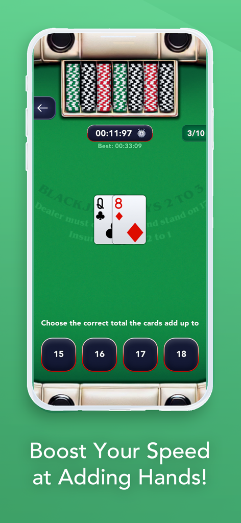 Mobile screen showing a blackjack card adding drill with a timer and multiple choice answers