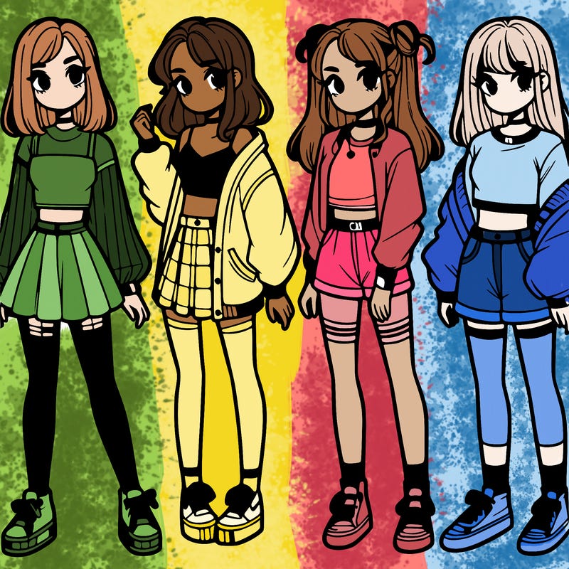 one girl with crop-top shirt and a jacket with a skirt, long socks and another girl with a shirt and pants with a jacket