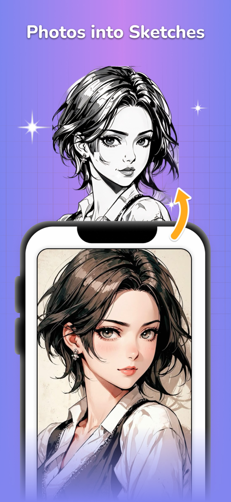 AR Drawing - Trace Drawing - A smartphone app interface converting a colorful anime portrait into a black and white line art sketch.