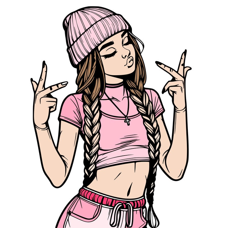 realistic teenage girl with braids and a beanie and crop top doing 🫶🏼