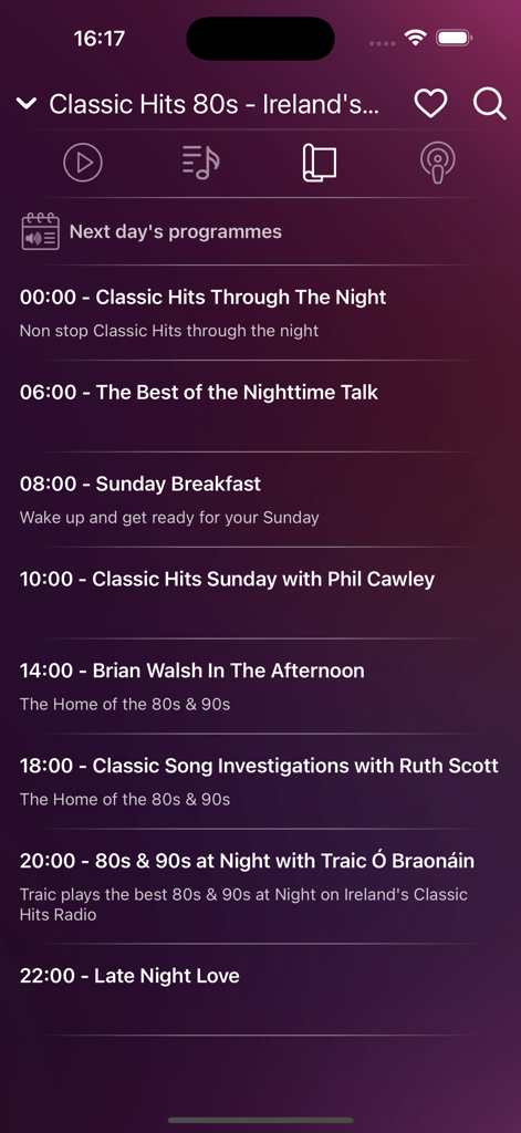 Irish Radio Live - Ireland - Broadcast schedule for Classic Hits 80s on the Irish Radio Live app showing daily programs and showtimes.