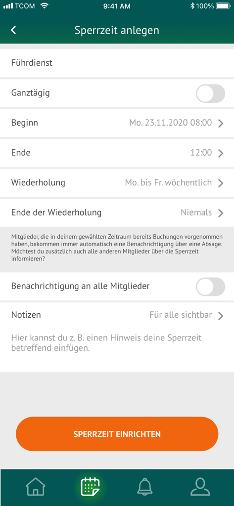 Mobile app interface for scheduling blocked times and arena closures in the ReitZeit barn management app