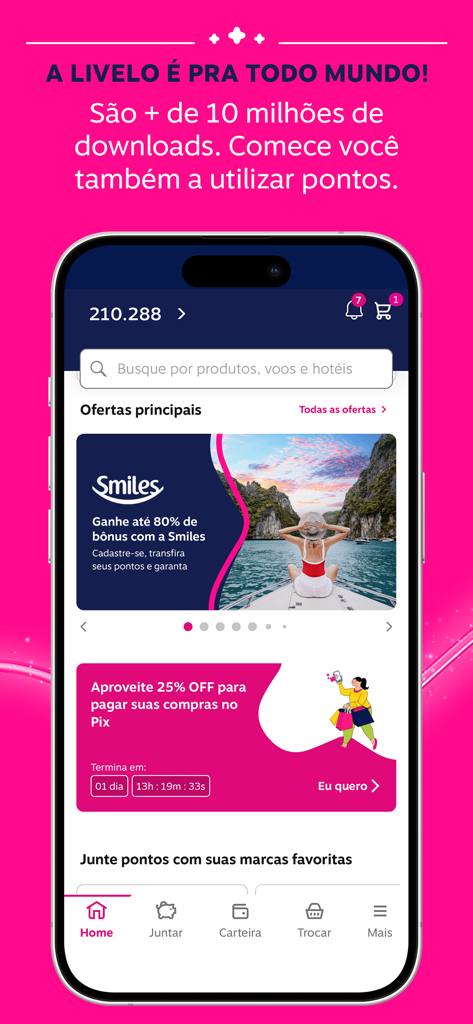 Livelo: pontos no cartão e + - Pantalla de inicio de la aplicación de recompensas Livelo en un smartphone que muestra el saldo de puntos y ofertas de viajes