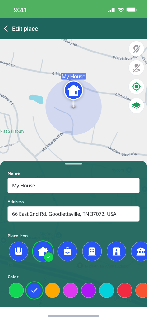 Tracki GPS app screen for setting up a geofence boundary around a home location on a map.
